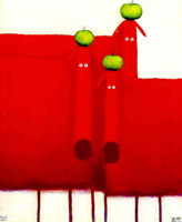 Three red dogs with apples